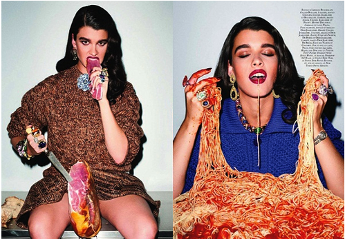 Crystal Renn poses with meat and spaghetti in a shoot for French Vogue